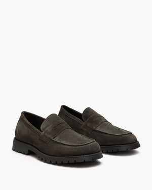 Ezra Charcoal Suede Penny Loafers