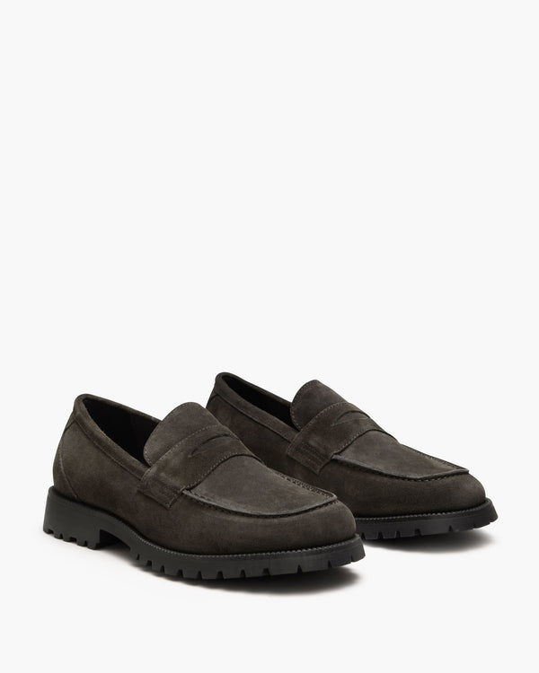 Ezra Charcoal Suede Penny Loafers