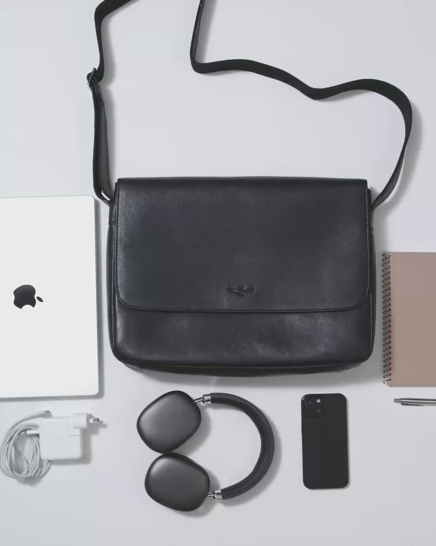 black leather messenger backpack Montoro Black Messenger Bag
